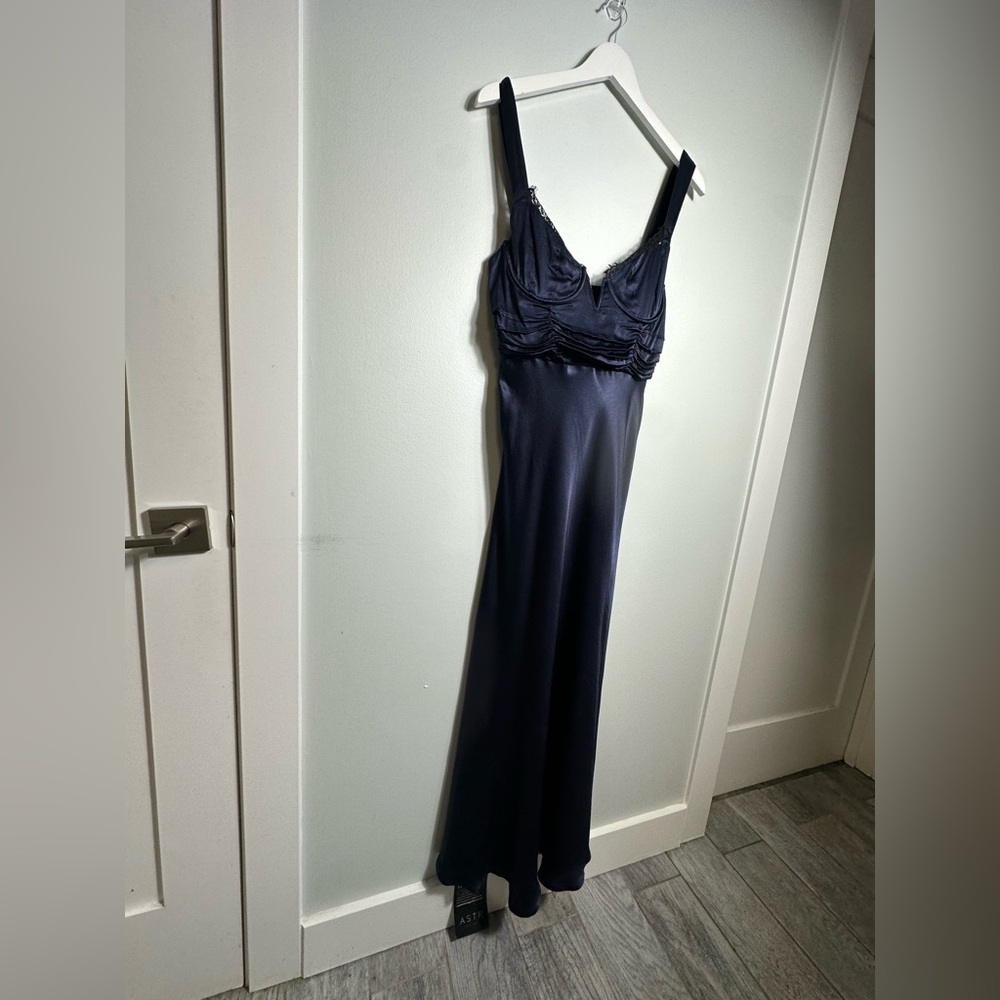 NEW Astr Aeris Satin Lace Trim Maxi Dress Navy Sz Medium Bustier Corset Feminine - Picture 11 of 17
